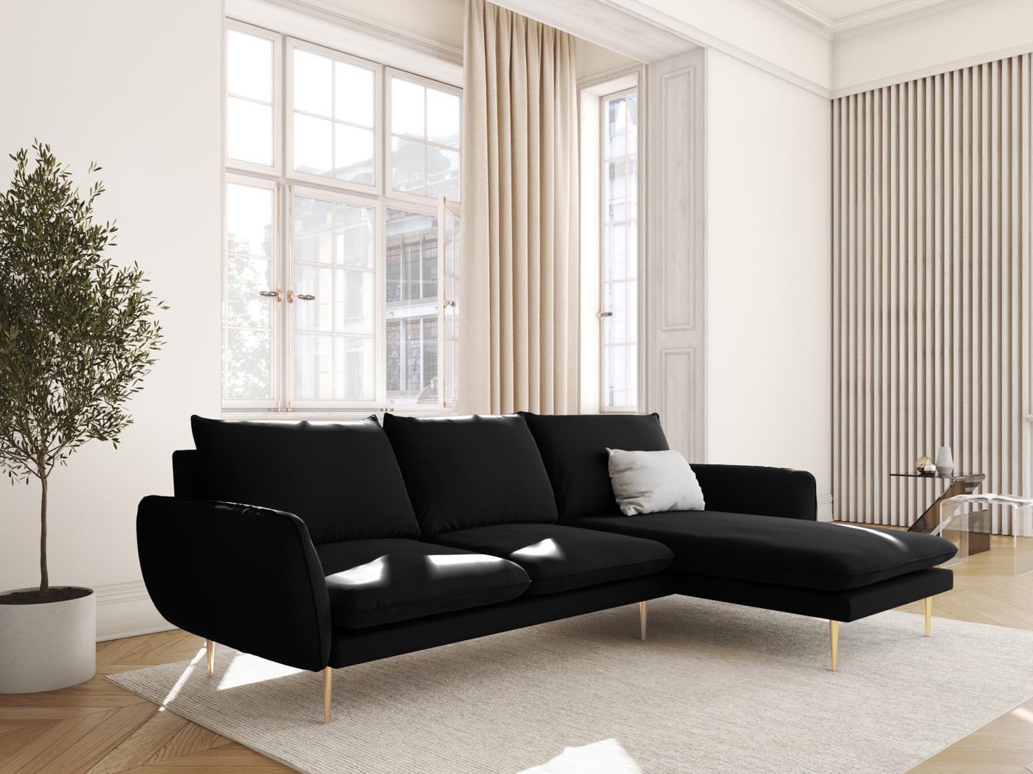 Elegantes Vienna Velour Ecksofa in Schwarz und Gold-Bluvel, ideal für stilvolle Wohnräume. Komfortables 5-Sitzer Design mit 170 cm.