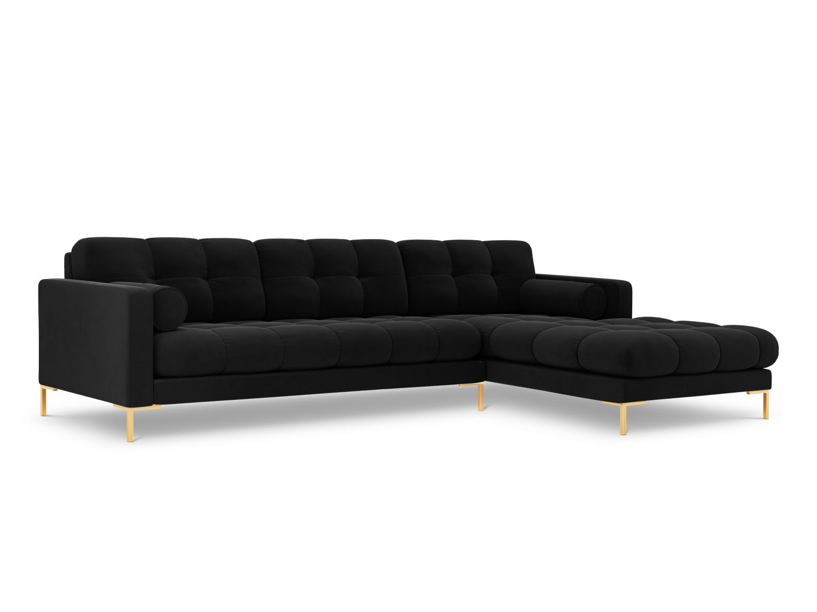 Modernes 5-Sitzer Ecksofa rechts Bali in edlem Black-Bluvel, perfekt für entspannte Stunden und geschmackvolle Wohnräume.