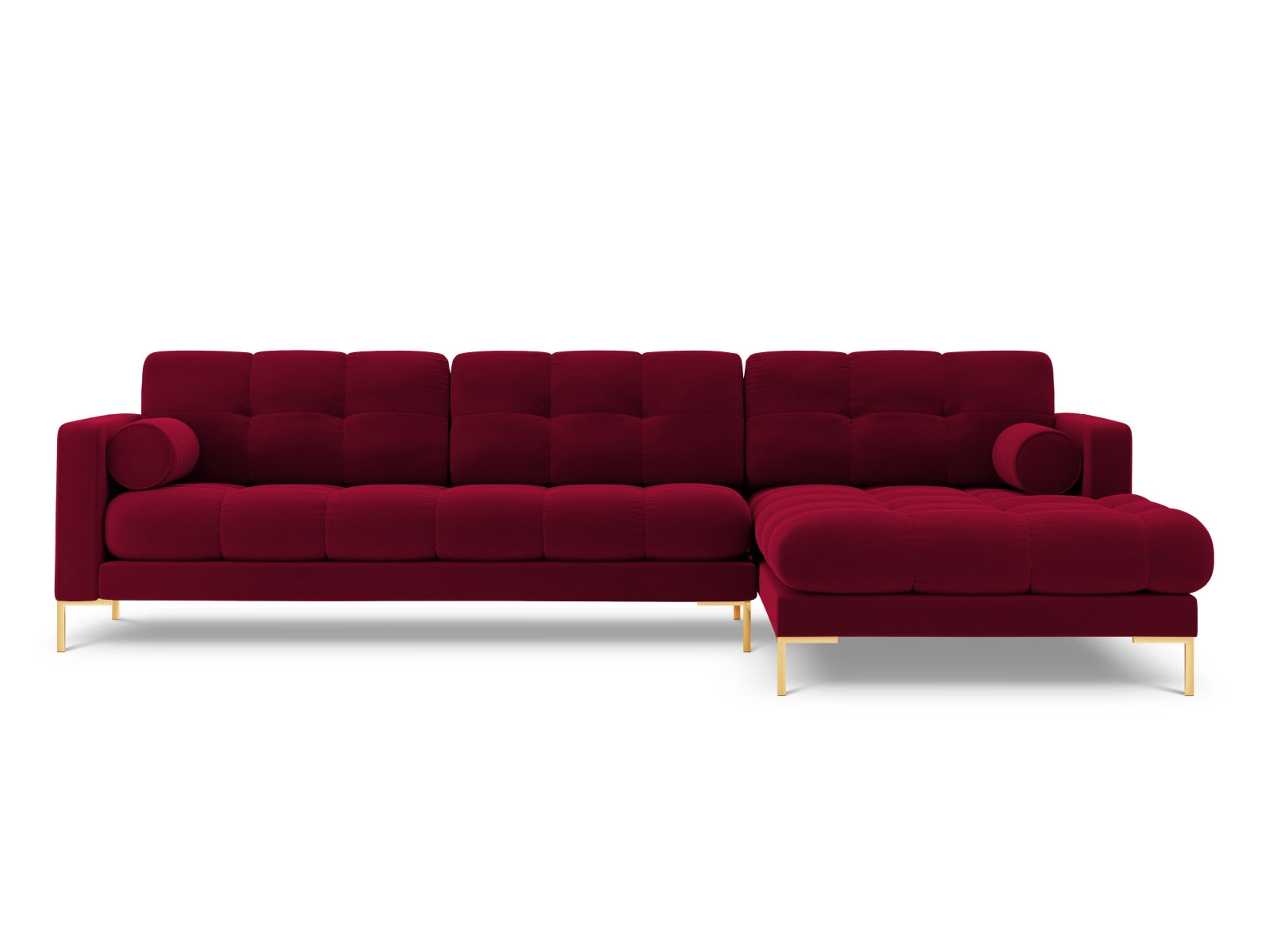 Elegantes 5-Sitzer Ecksofa rechts Bali in hochwertigem Red-Bluvel, perfekt für entspannte Stunden und gesellige Zusammenkünfte.