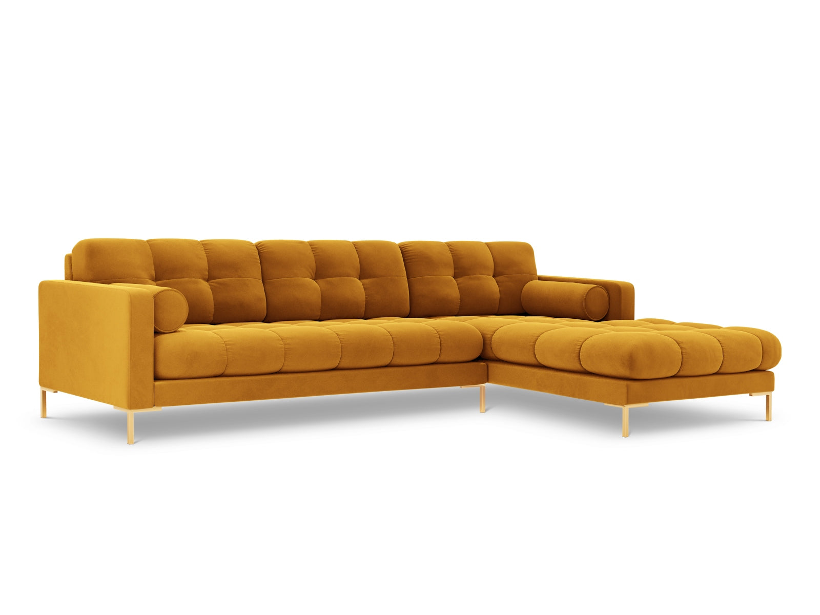 Modernes 5-Sitzer Ecksofa rechts Bali in fröhlichen Gelbtönen, ideal für gesellige Abende und ein einladendes Zuhause.