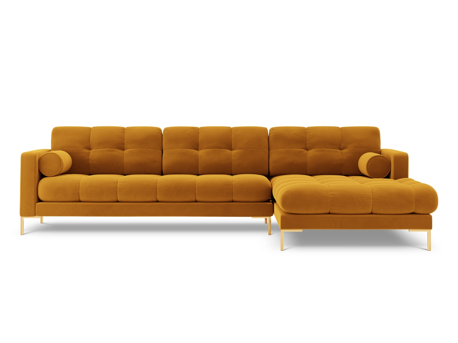 Stylisches 5-Sitzer Ecksofa rechts Bali in lebhaften Gelbtönen, perfekt für entspannte Stunden und gesellige Zusammenkünfte.