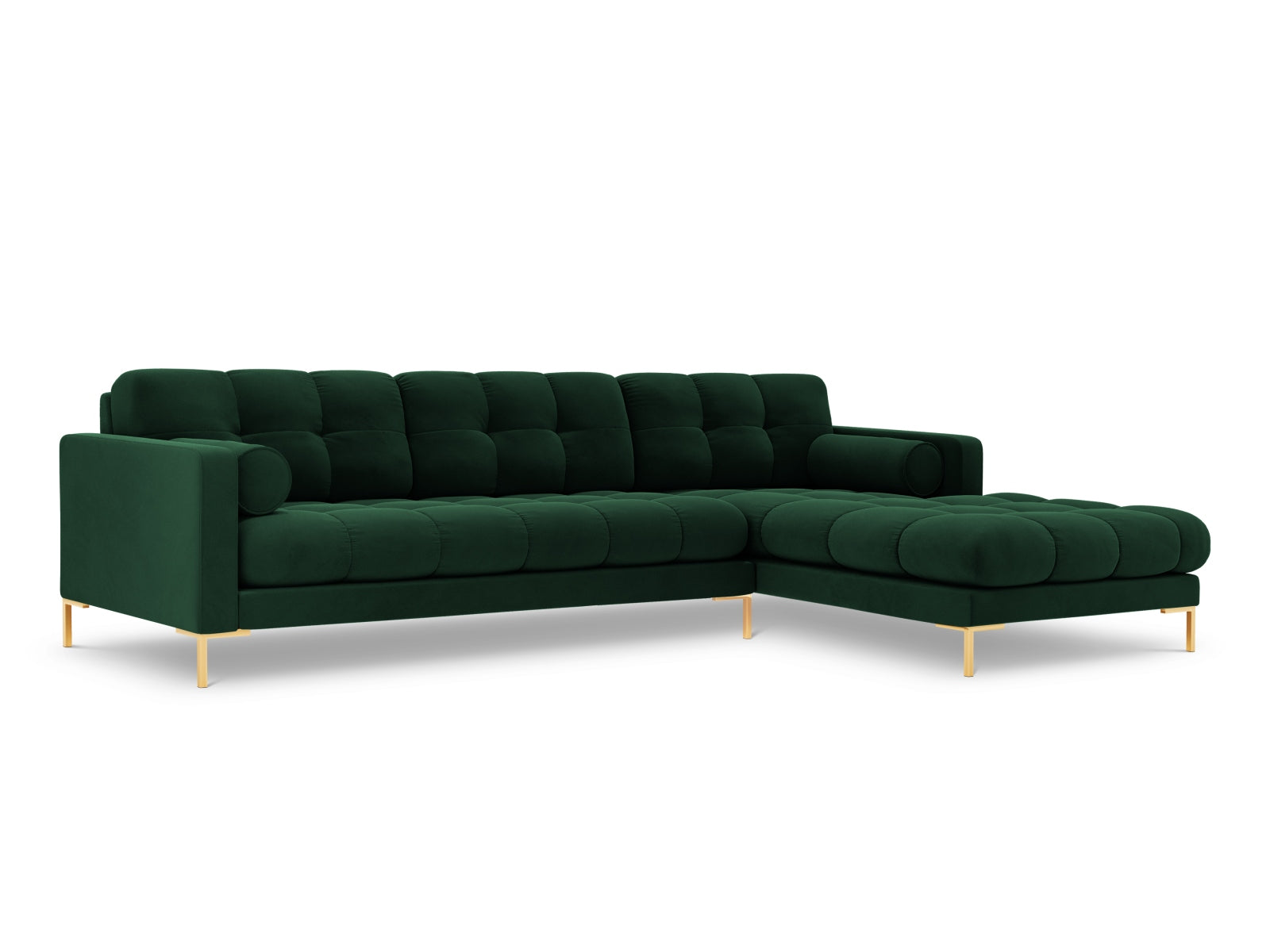 Stilvolles 5-Sitzer Ecksofa rechts Bali in edlem Bottle Green-Bluvel, perfekt für einladende und trendige Wohnambiente.