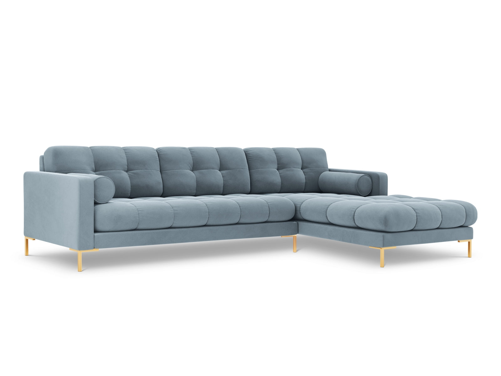 Modernes 5-Sitzer Ecksofa rechts Bali in zartem Hellblau, perfekt für stilvolle Wohnzimmer und gemütliche Abende von Cosmopolitan Design.
