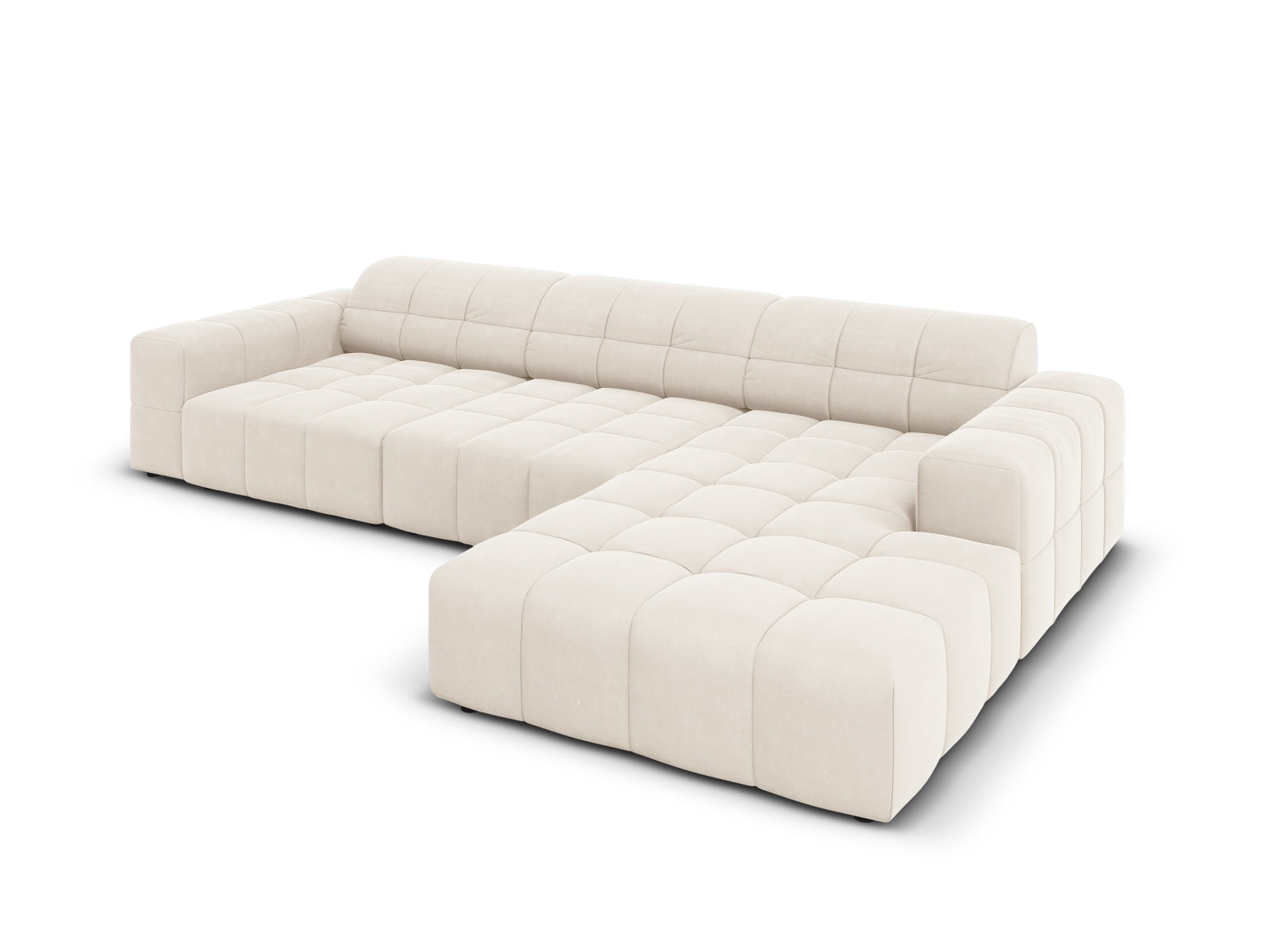 Modernes Chicago Velour Ecksofa in sanftem Beige, 4-Sitzer, 166cm, perfekt für gemütliche und stilvolle Wohnambiente.