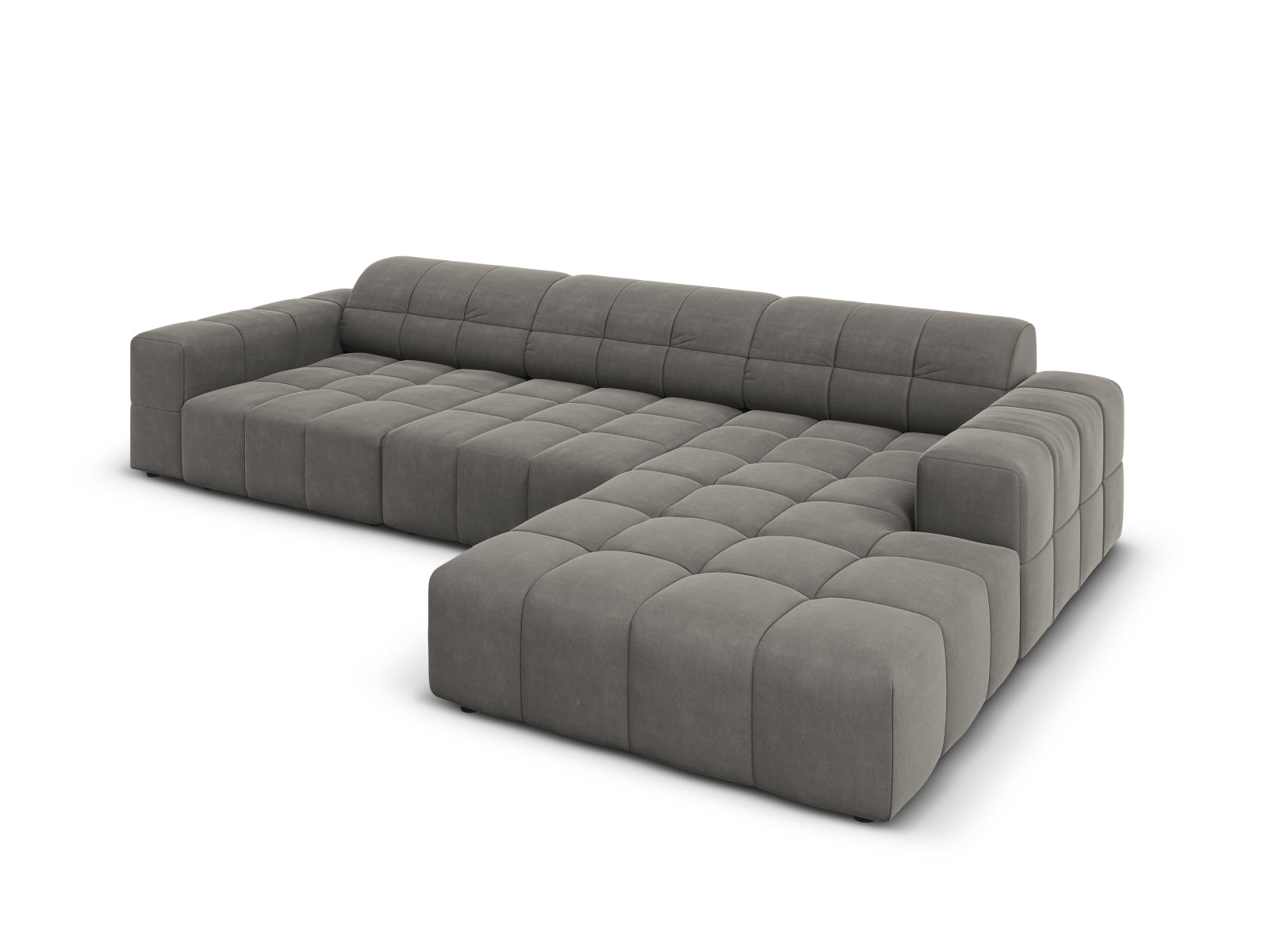 Modernes Chicago Velour Ecksofa in sanftem Light Grey-Bluvel, 4-Sitzer, 166cm, perfekt für gemütliche und stilvolle Wohnambiente von Cosmopolitan Design.