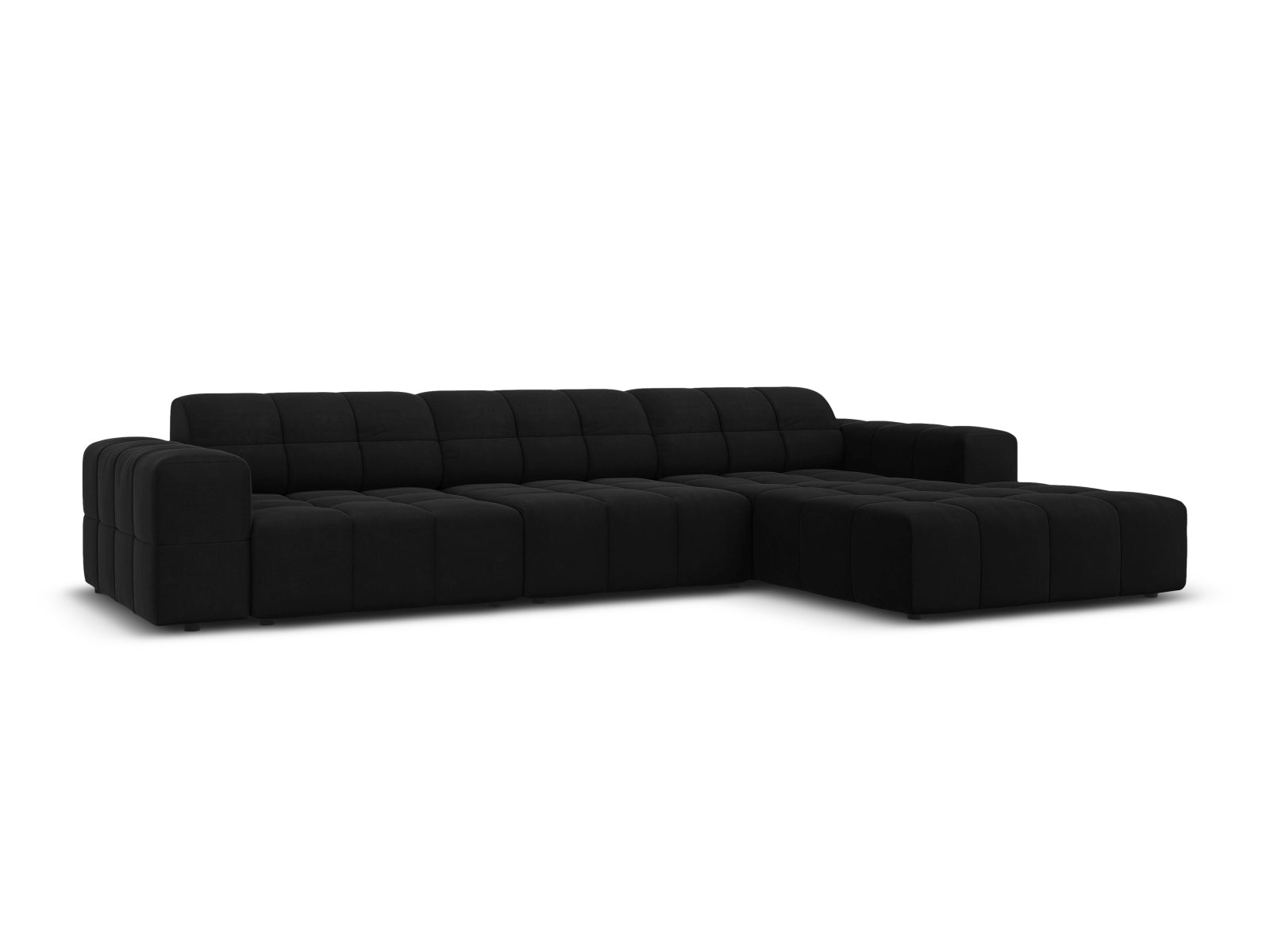 Elegantes Chicago Velour Ecksofa in Schwarz-Bluvel, 4-Sitzer, 166 cm, ideal für stilvolle Wohnräume, erhältlich bei KAQTU Design AG.