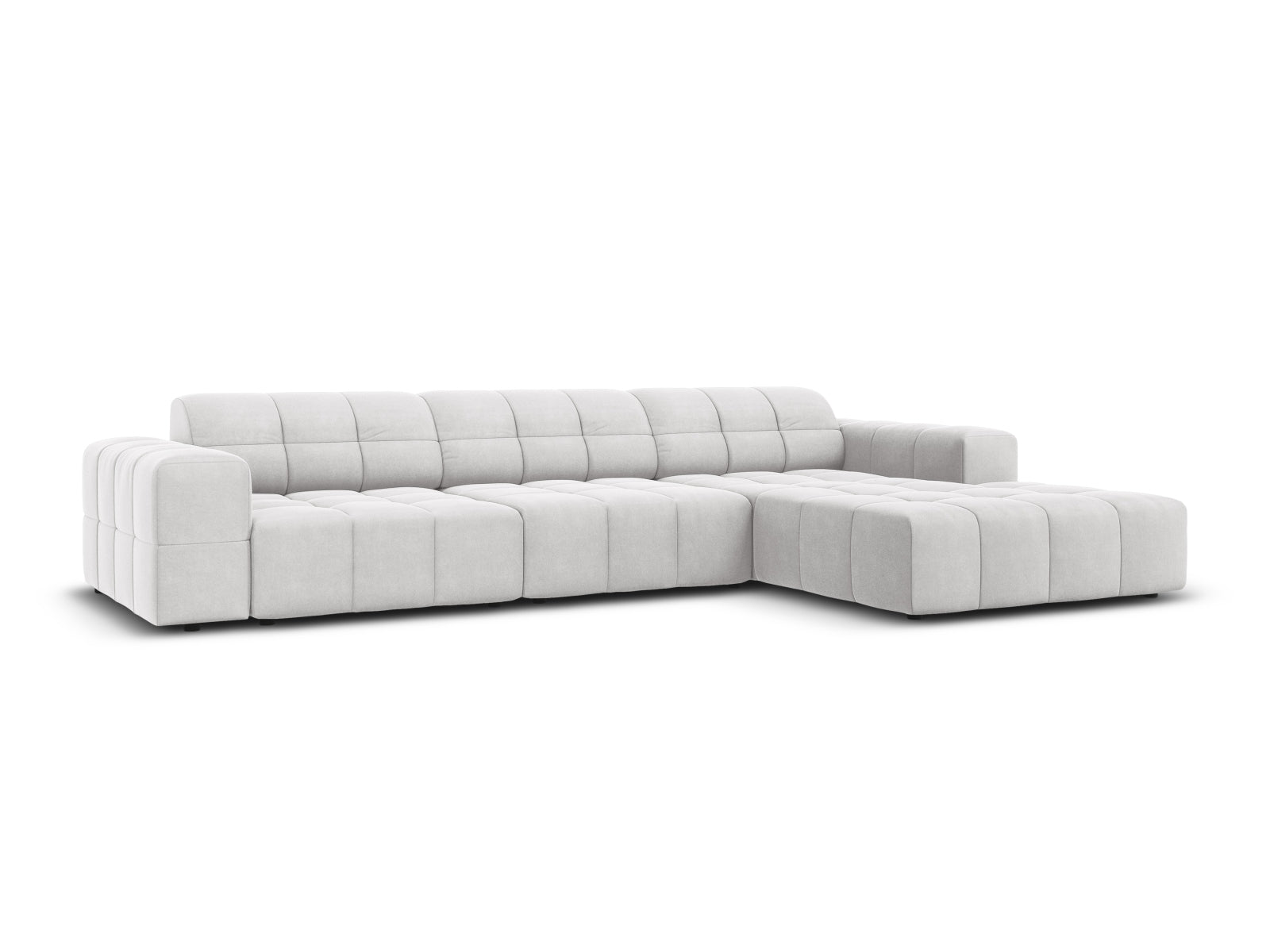 Elegantes Chicago Velour Ecksofa in Silber-Blau, 4-Sitzer, 166 cm, ideal für stilvolle Wohnräume, erhältlich bei KAQTU Design AG.