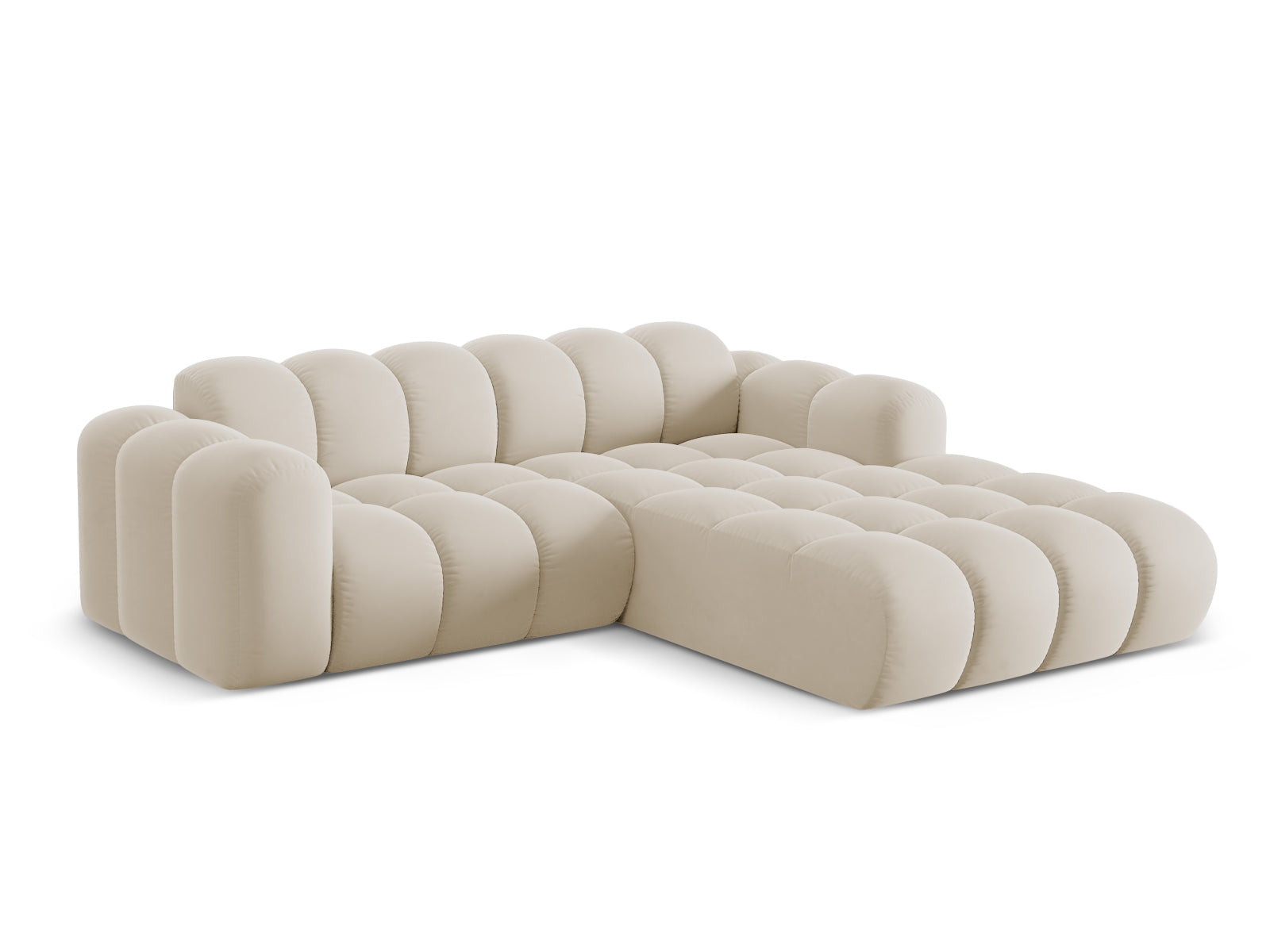 Elegantes 3-Sitzer Ecksofa Treno in stilvollem Dark Beige-Bluvel, ideal für moderne Wohnräume, präsentiert von Cosmopolitan Design.