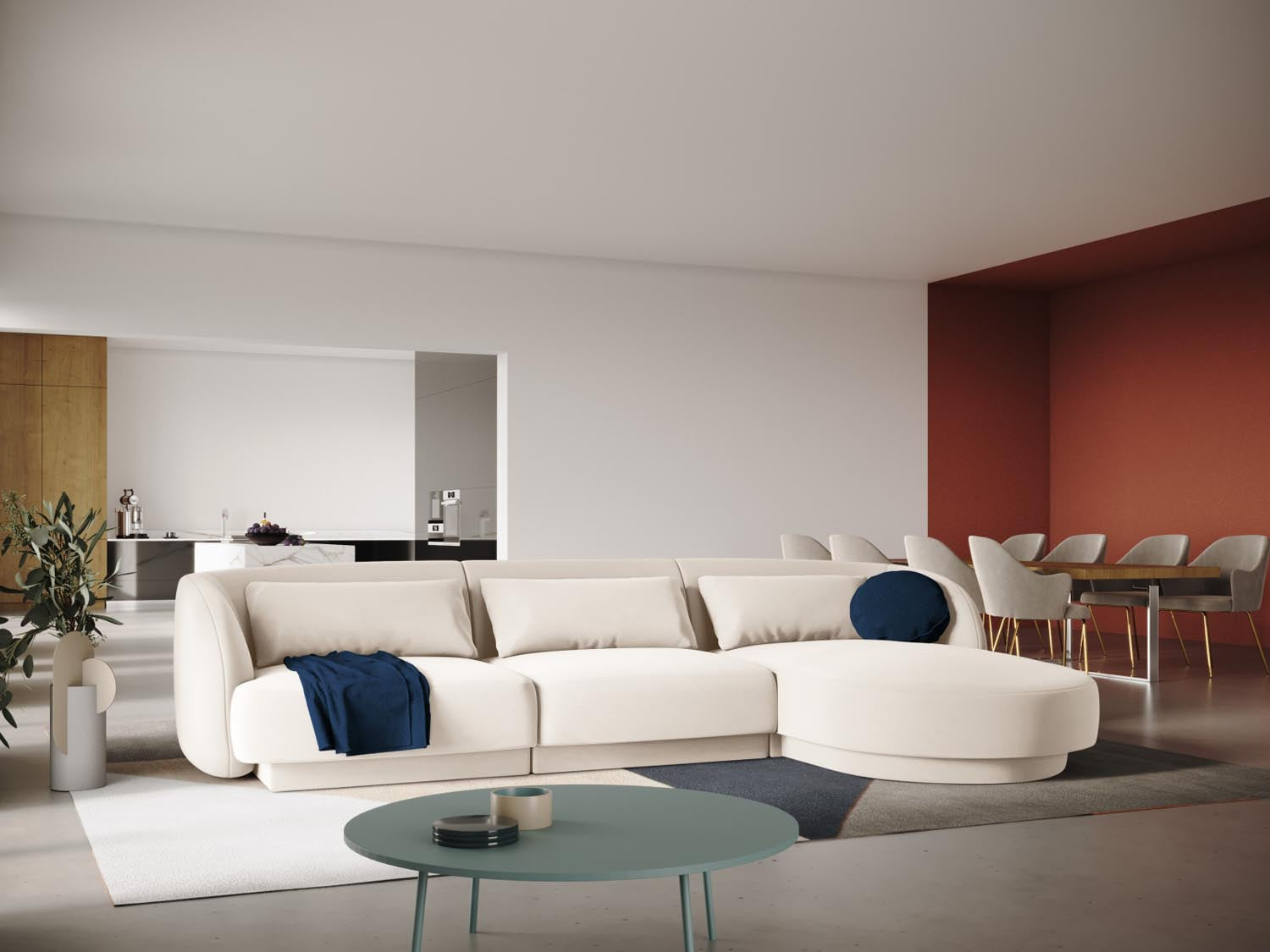 Elegantes Tulum Velour Ecksofa in Light Beige-Bluvel, ideal für stilvolle Wohnräume. Komfortables 4-Sitzer Design von Cosmopolitan Design.