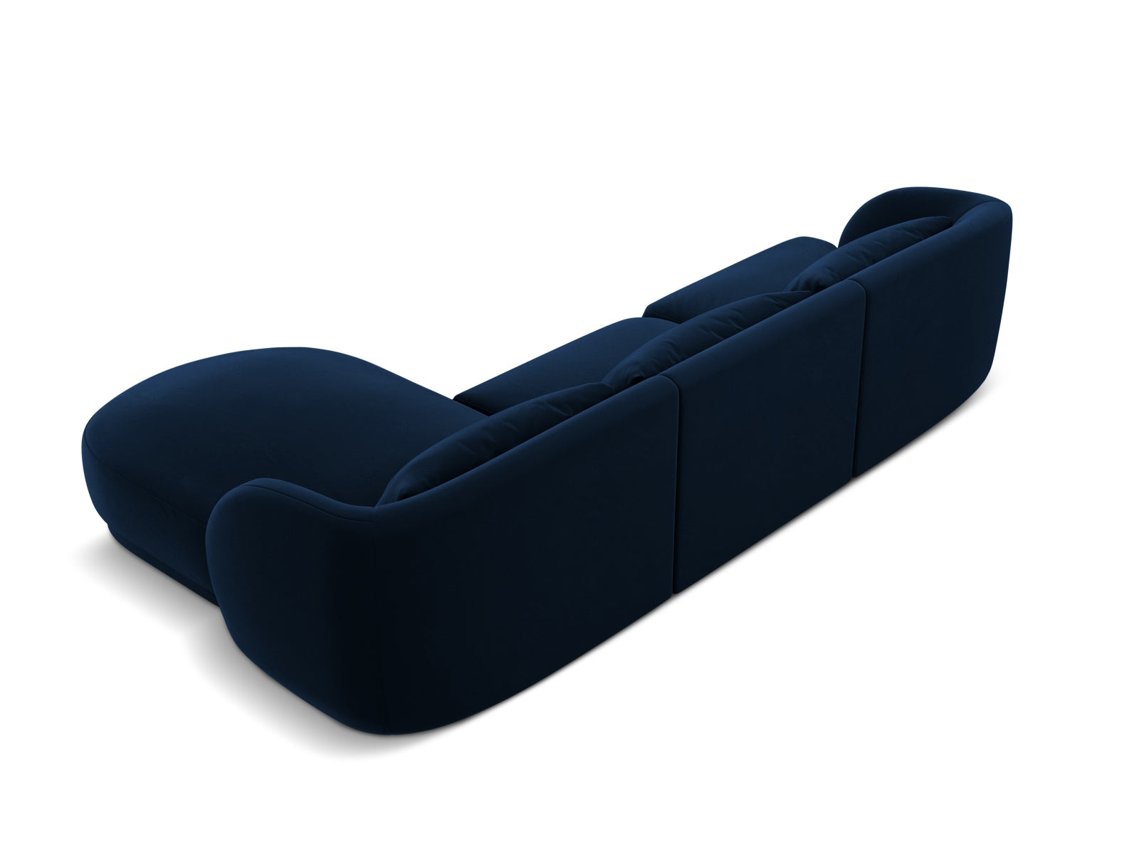 Elegantes Tulum Velour Ecksofa in Royalblau, 4-Sitzer, rechts, ideal für stilvolle und komfortable Wohnräume von Cosmopolitan Design.