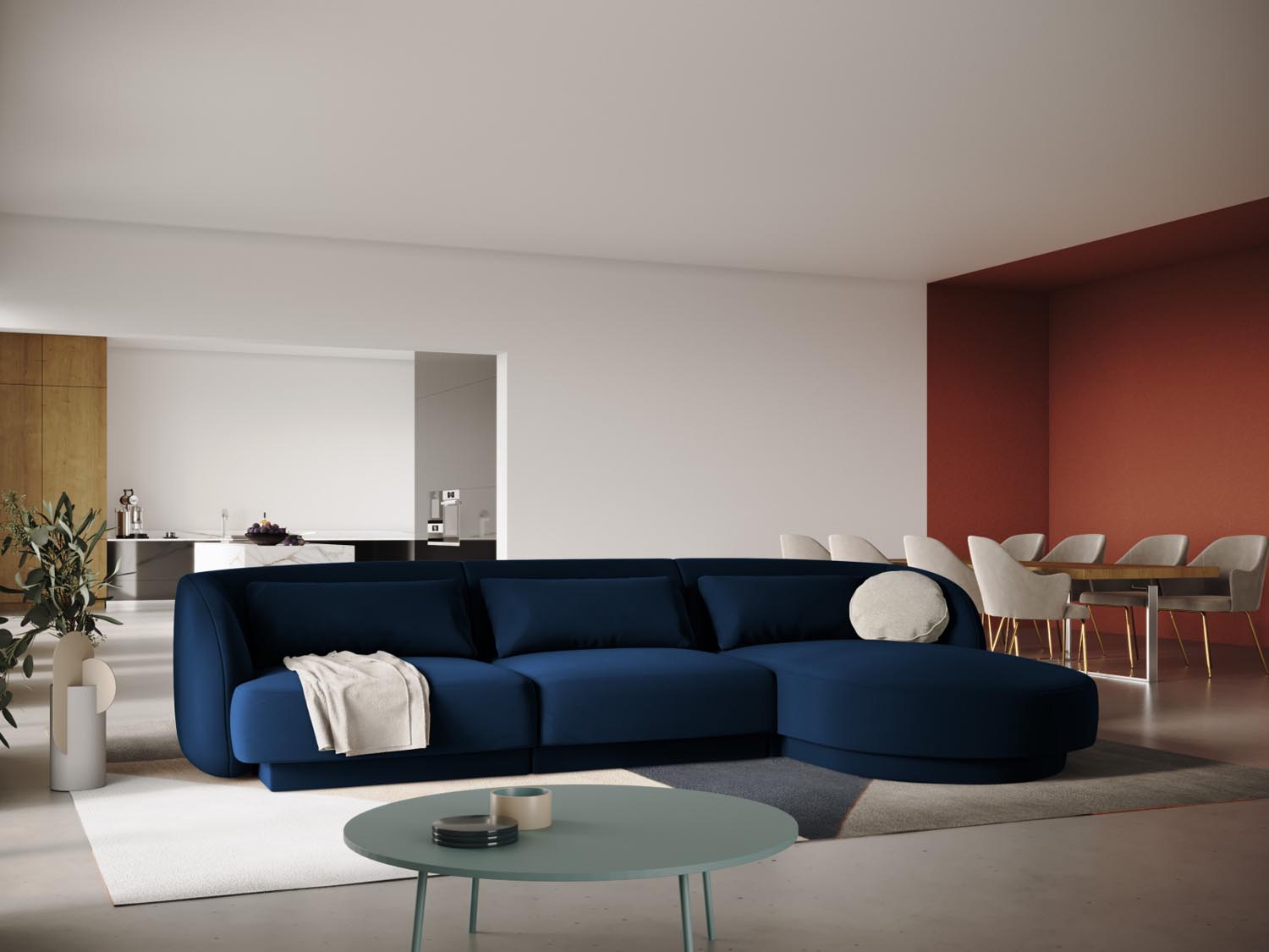 Elegantes Tulum Velour Ecksofa in Royal Blue, 4-Sitzer, rechts, ideal für stilvolle Wohnräume, präsentiert von Cosmopolitan Design.