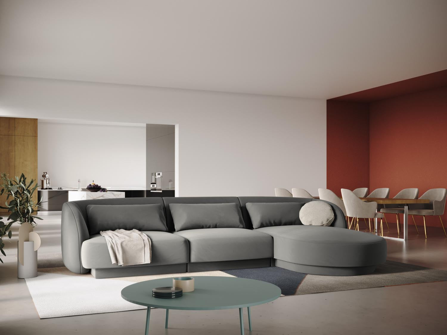Elegantes Tulum Velour Ecksofa in Hellgrau, 4-Sitzer, ideal für stilvolle Wohnräume, präsentiert in einem modernen Ambiente.