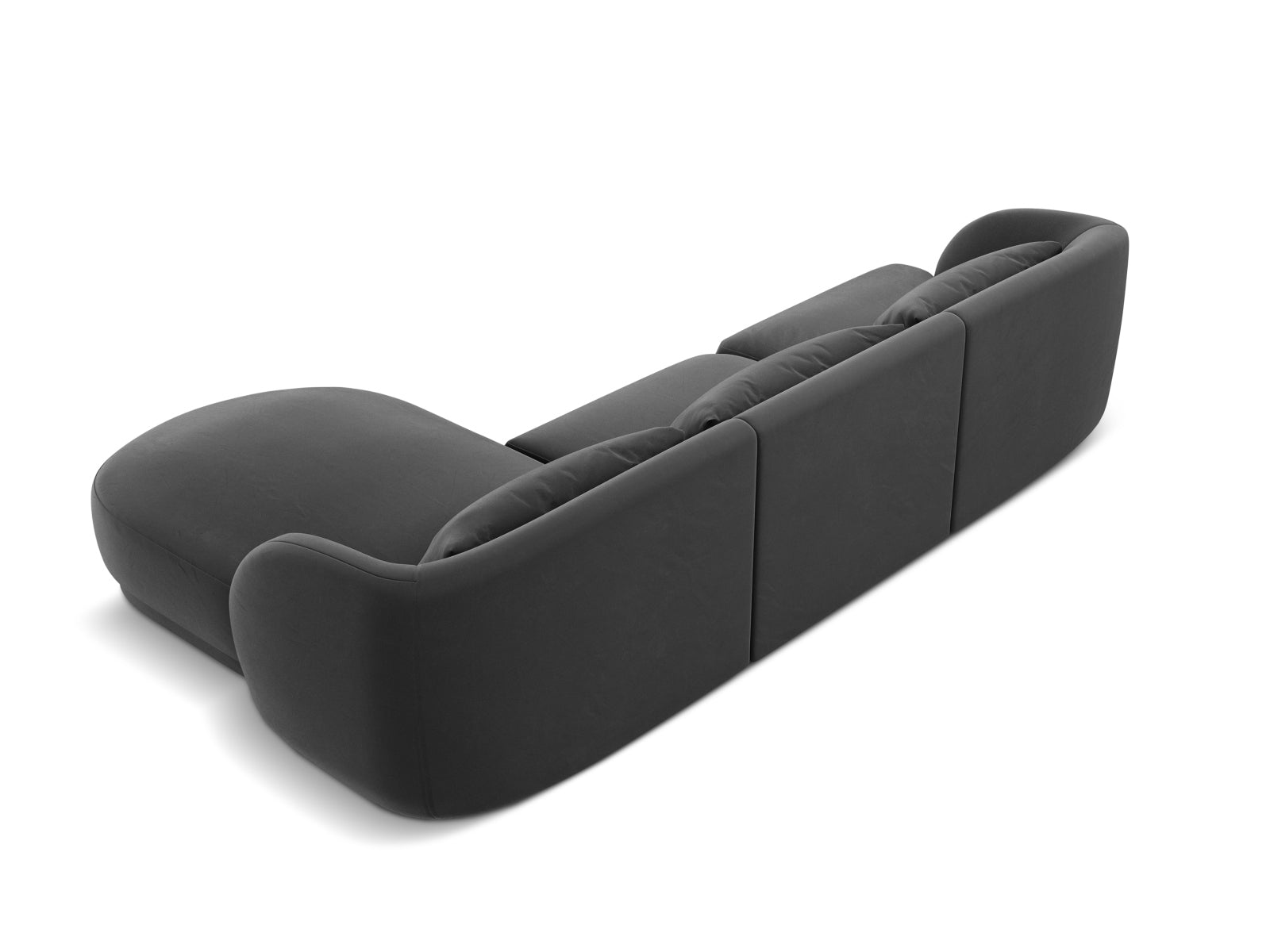 Elegantes Tulum Velour Ecksofa in stilvollem Grau-Blau, 4-Sitzer, ideal für entspannte Abende im Wohnzimmer, erhältlich bei Cosmopolitan Design.