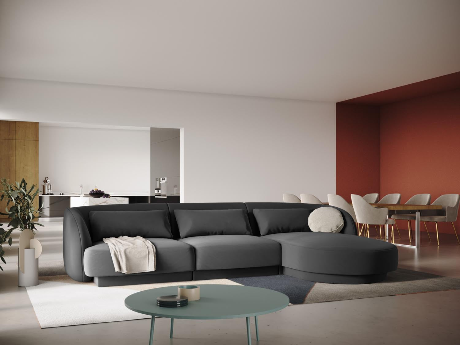 Elegantes Tulum Velour Ecksofa in Grau-Blau, 4-Sitzer, ideal für stilvolle Wohnräume, präsentiert von Cosmopolitan Design.