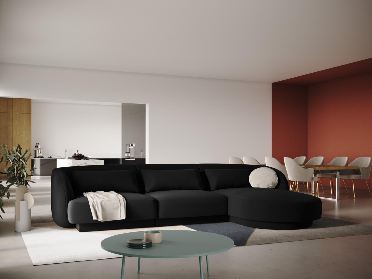Elegantes Tulum Velour Ecksofa in Schwarz-Bluvel, 4-Sitzer, 156 cm, stilvoll präsentiert in modernem Wohnambiente.