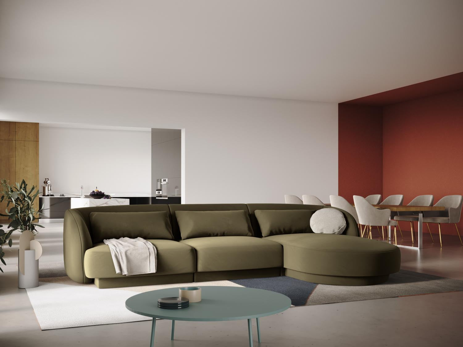 Elegantes Tulum Velour Ecksofa in Green-Bluvel, 4-Sitzer, 156cm, ideal für stilvolle Wohnräume, präsentiert von Cosmopolitan Design.