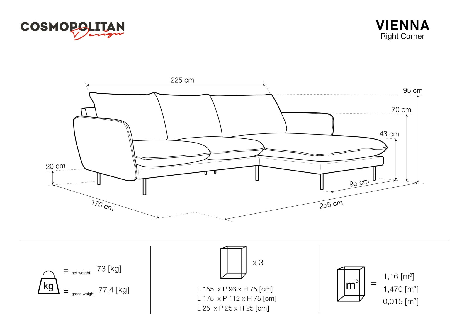 Elegantes, beiges Velour Ecksofa Vienna mit schwarzem Detail, 5-Sitzer, 170 cm, ideal für moderne und einladende Wohnräume.