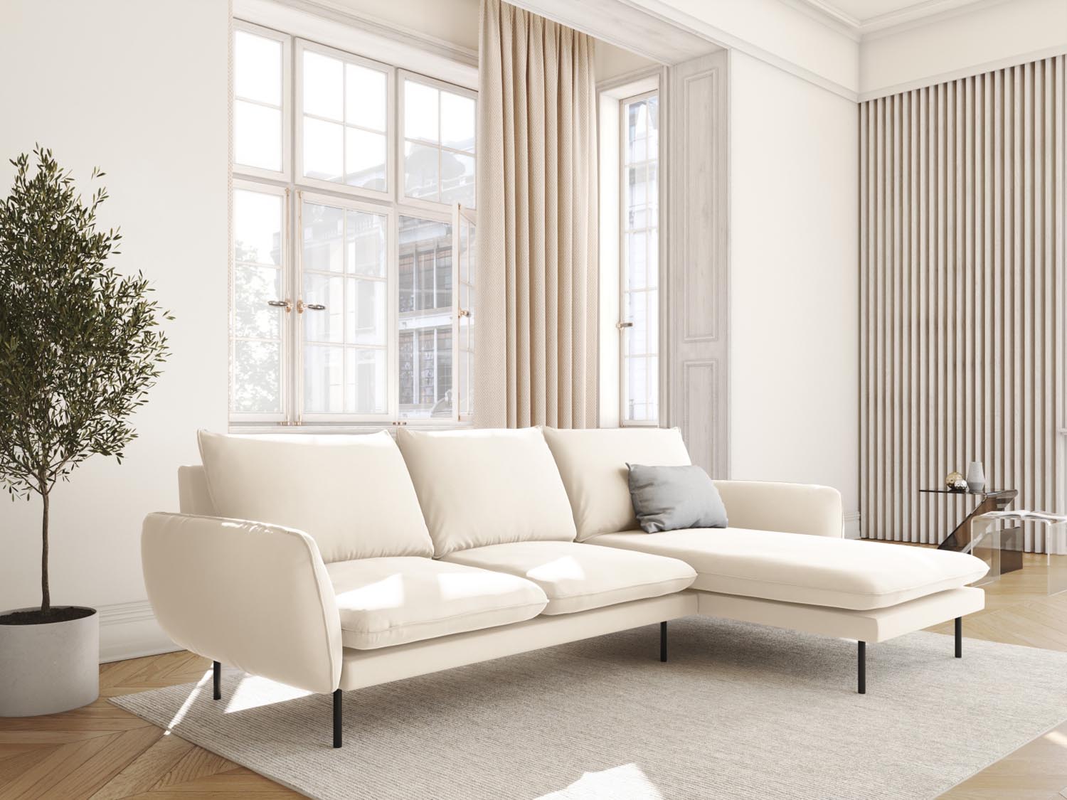 Elegantes Vienna Velour Ecksofa in Light Beige mit schwarzem Bluvel, ideal für stilvolle Wohnräume. 5-Sitzer, 170 cm, von Cosmopolitan Design.
