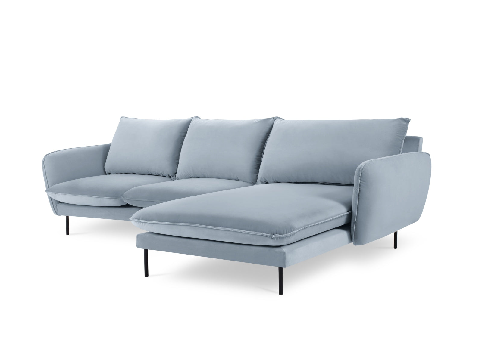 Modernes 5-Sitzer Ecksofa in sanftem Hellblau mit Velourbezug, perfekt für entspannte Stunden und stilvolle Einrichtungsideen.