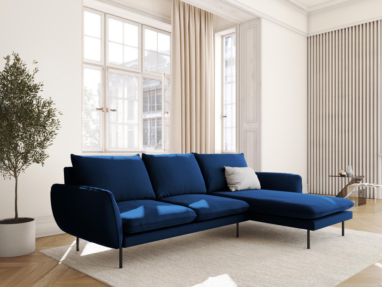 Elegantes Vienna Velour Ecksofa in Royal Blue mit 5 Sitzen, ideal für stilvolle Wohnräume. Hochwertiges Design von Cosmopolitan.