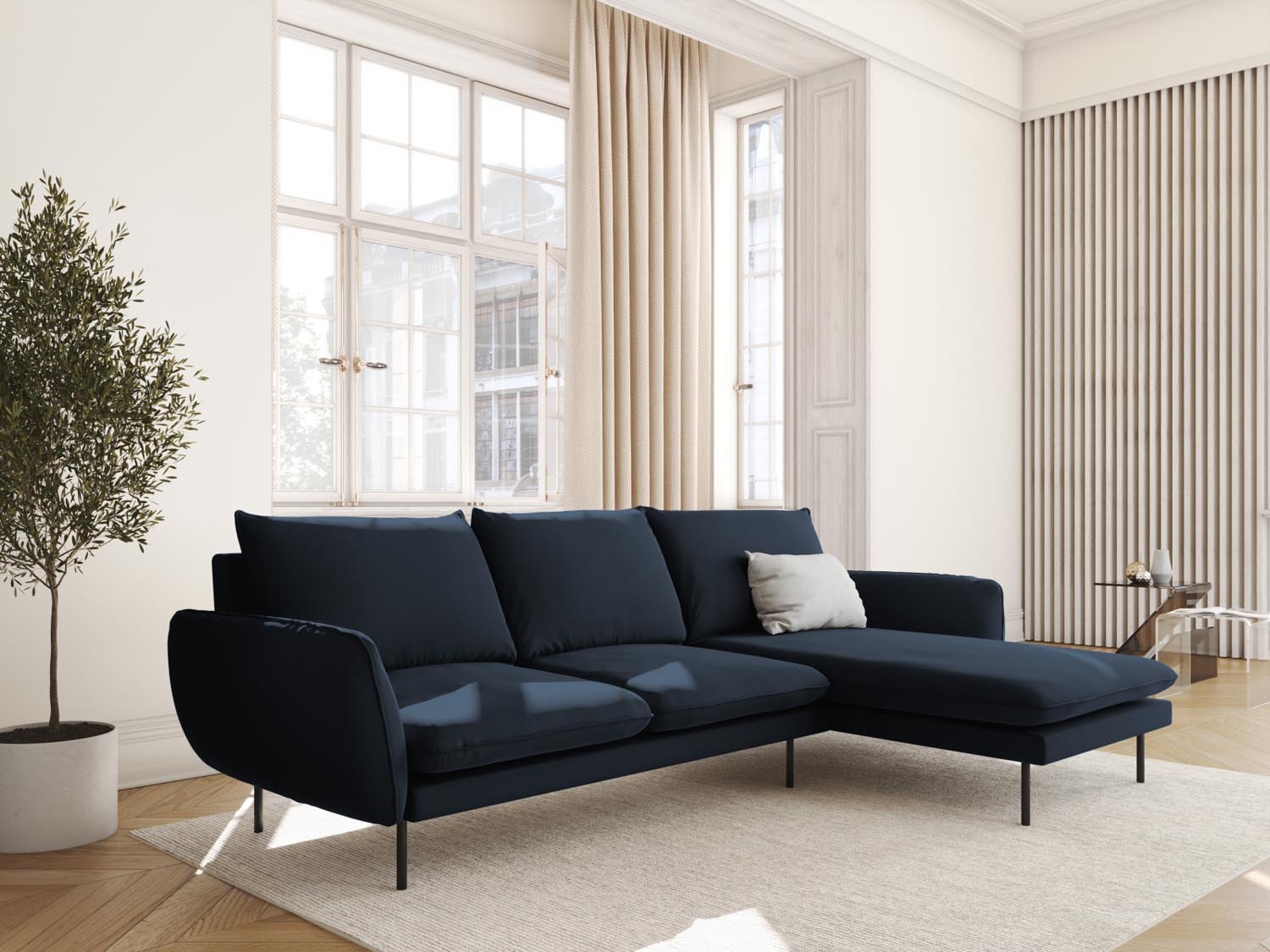 Elegantes Vienna Velour Ecksofa in Dunkelblau, 5-Sitzer, ideal für stilvolle Wohnräume, präsentiert in einem modernen Ambiente.