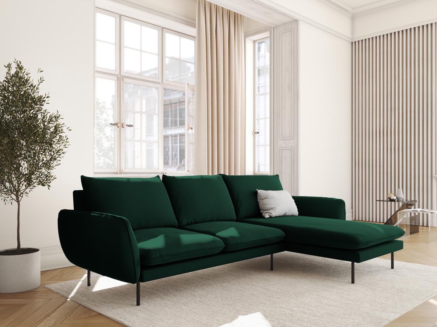 Elegantes Vienna Velour Ecksofa in Bottle Green mit 5 Sitzen, ideal für stilvolle Wohnräume, präsentiert von Cosmopolitan Design.