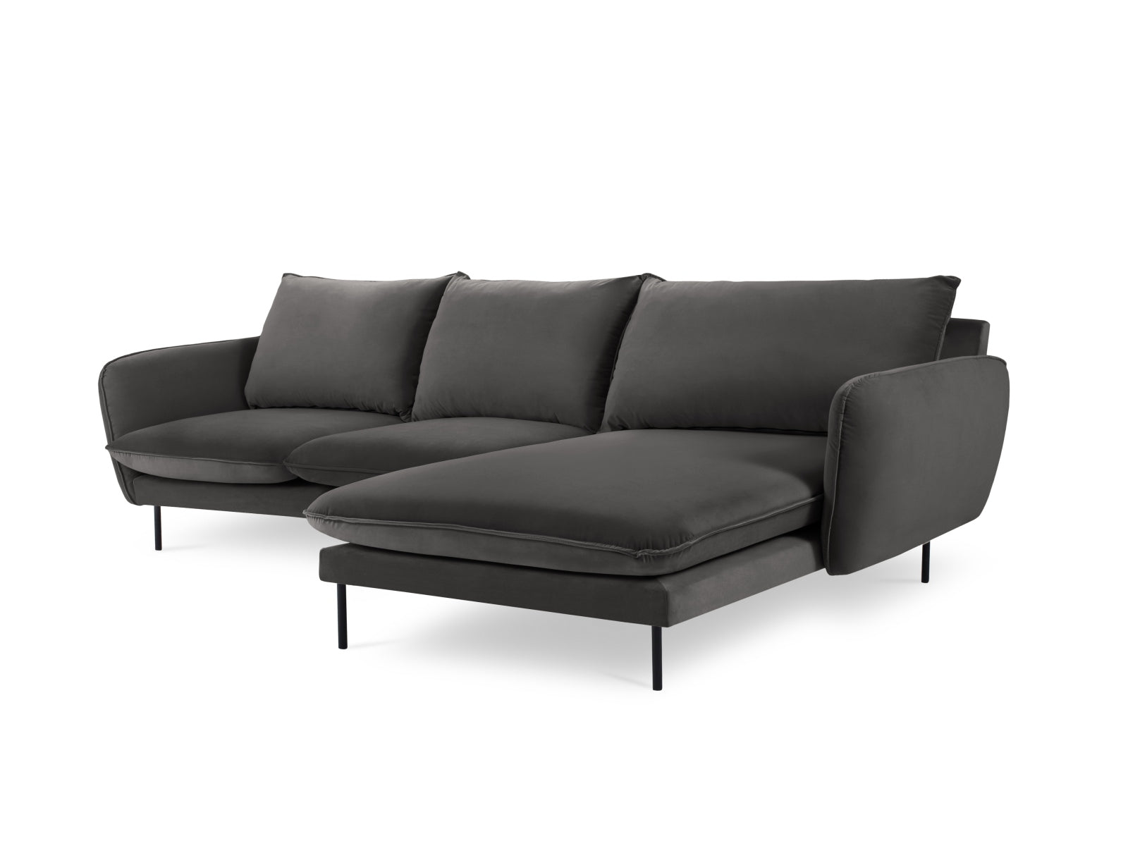 Modernes Ecksofa in Dunkelgrau mit Velourbezug, 5-Sitzer, perfekt für gemütliche Wohnzimmer, erhältlich bei Cosmopolitan Design.