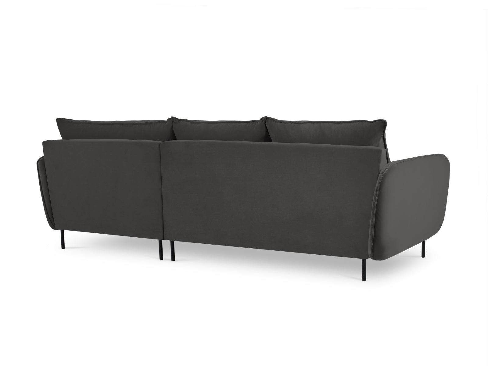 Elegantes, dunkelgraues Velour-Ecksofa mit Platz für fünf Personen, ideal für stilvolle Wohnräume, erhältlich bei Cosmopolitan Design.