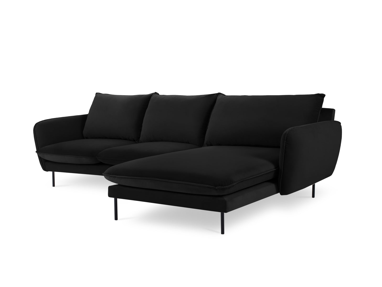 Modernes, schwarzes Ecksofa Vienna Velour, 5-Sitzer, rechts, perfekt für gemütliche und elegante Wohnambiente von Cosmopolitan Design.