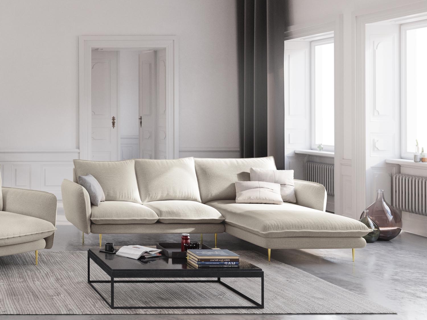 Elegantes Vienna Ecksofa in Light Beige/Gold-Positano, 5-Sitzer, ideal für stilvolle Wohnräume, präsentiert von Cosmopolitan Design.