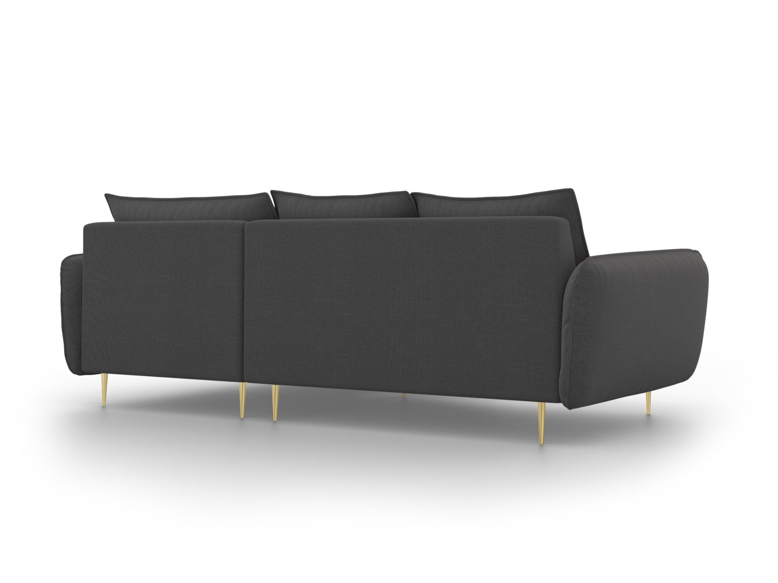 Elegantes, modernes Ecksofa in Dunkelgrau mit goldenen Akzenten. 5-Sitzer, ideal für stilvolle Wohnräume und entspannte Abende.
