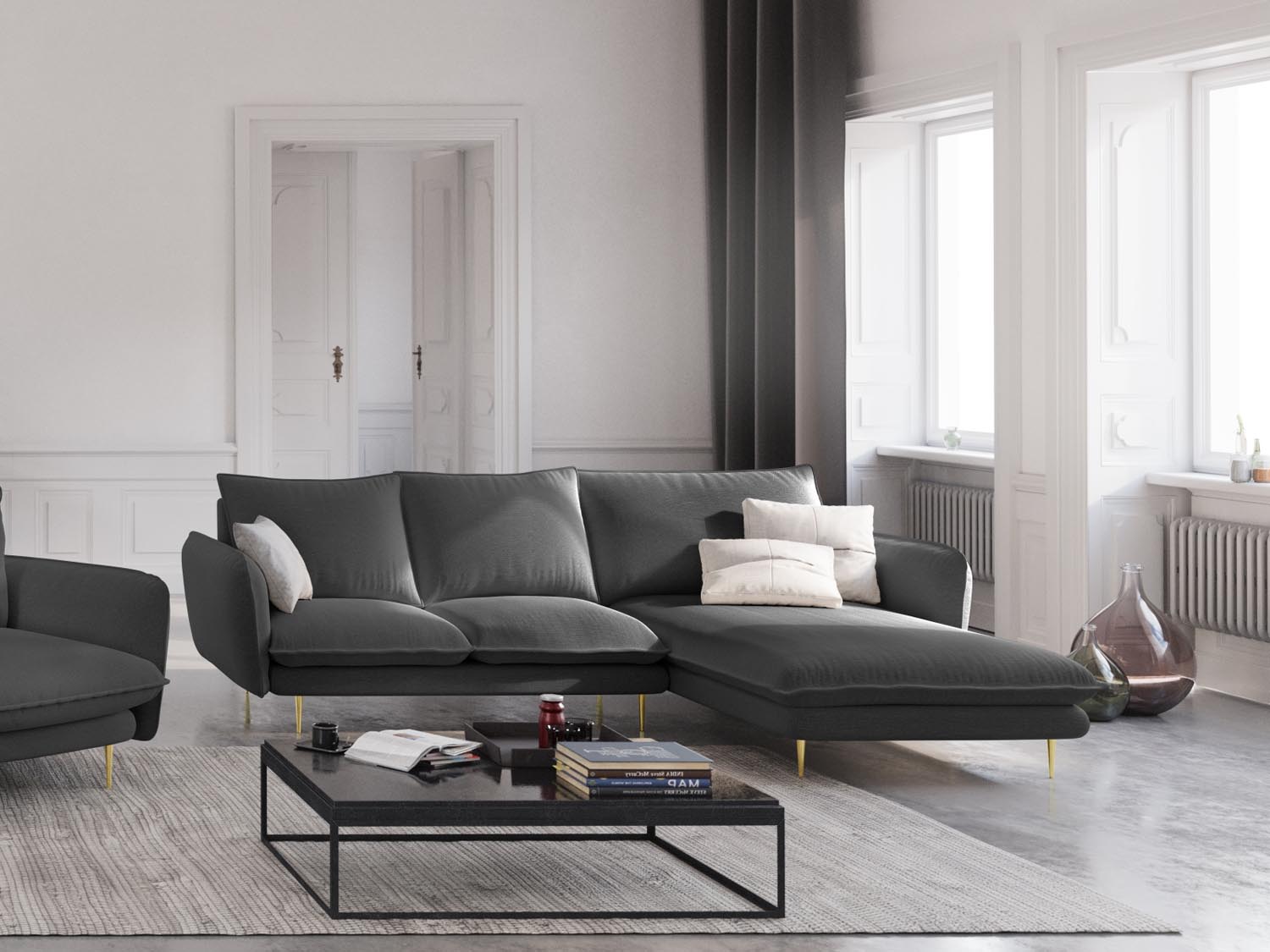 Elegantes Vienna Ecksofa in Dunkelgrau mit goldenen Akzenten, ideal für stilvolle Wohnräume. 5-Sitzer mit 170 cm für maximalen Komfort.