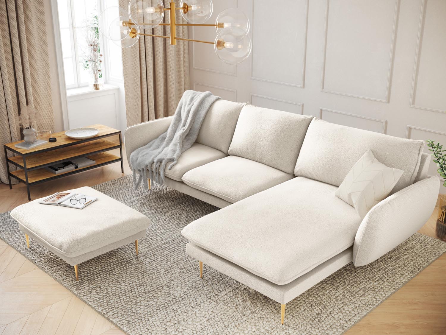 Entdecken Sie das elegante Vienna Boucle Ecksofa rechts – ein 5-Sitzer mit 170 cm, ideal für stilvolle Wohnzimmer. Hochwertige Materialien und zeitloses Design vereinen Komfort und Ästhetik.