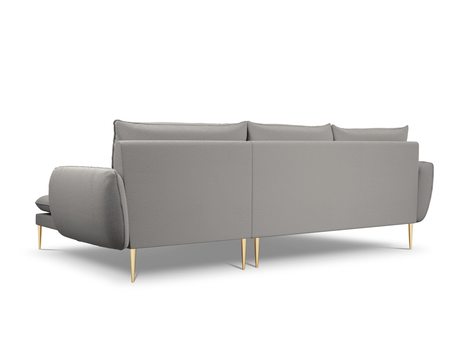 Stilvolles 5-Sitzer Ecksofa "Vienna" in grauem Boucle, rechte Ausführung, perfekt für moderne Wohnkonzepte mit eleganten Details.