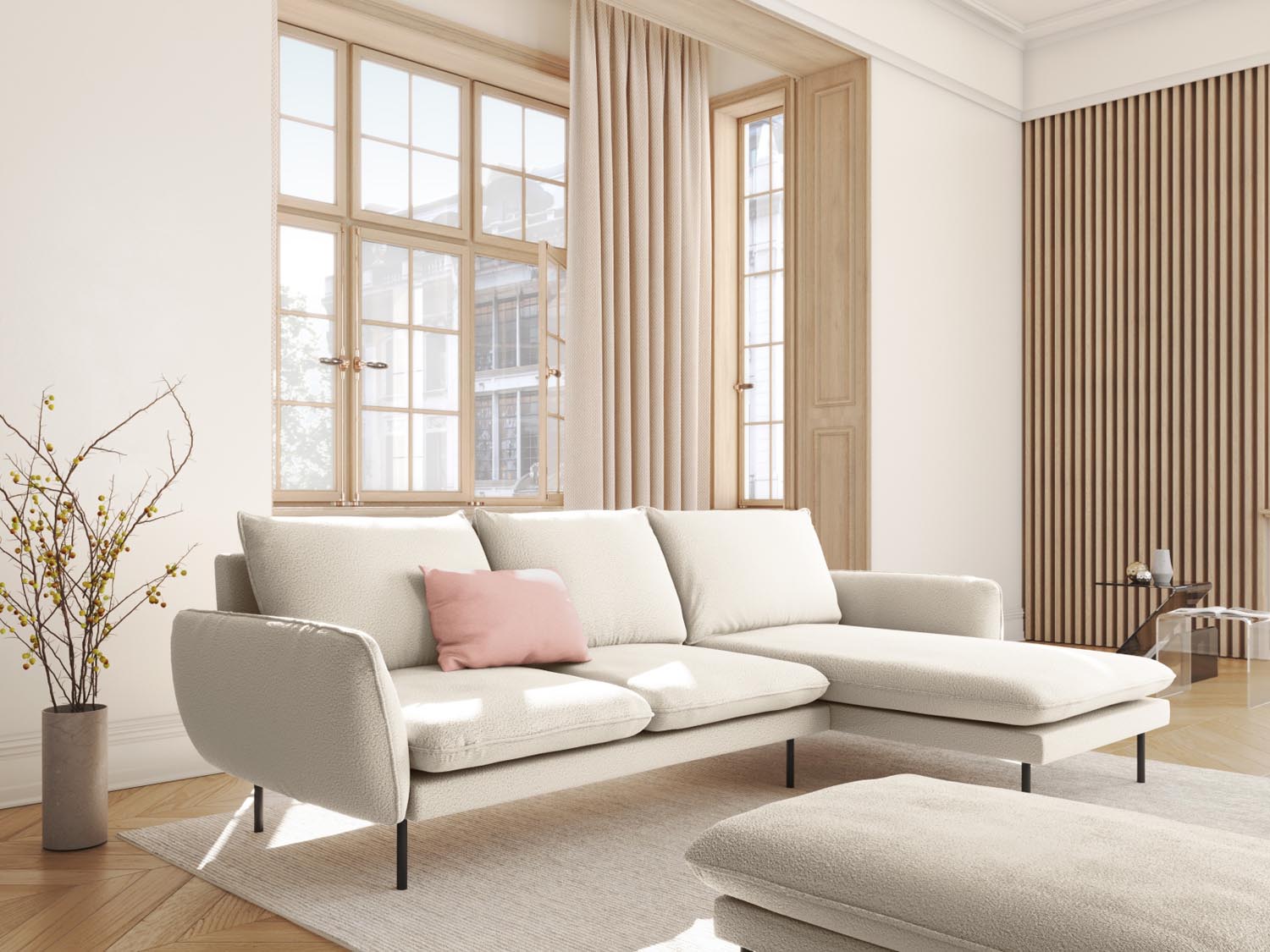 Elegantes Vienna Boucle Ecksofa in Beige und Schwarz, 5-Sitzer, ideal für stilvolle Wohnräume, präsentiert von Cosmopolitan Design.