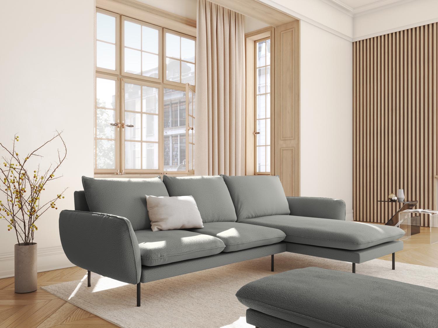 Entdecken Sie das elegante Vienna Boucle Ecksofa rechts – ein 5-Sitzer mit 170 cm, ideal für stilvolle Wohnzimmer. Komfort und Qualität vereint!