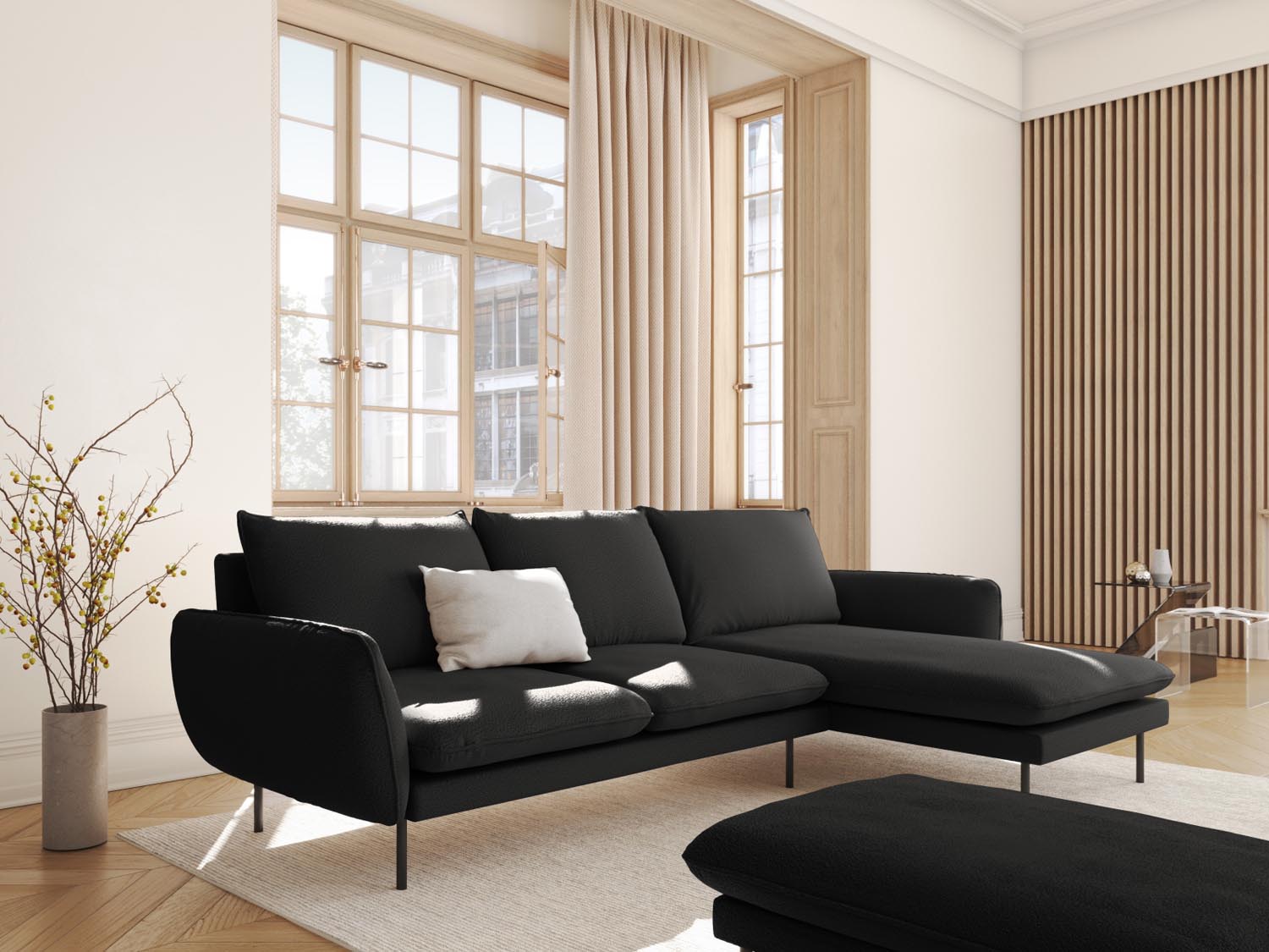 Entdecken Sie das elegante Vienna Boucle Ecksofa rechts – ein 5-Sitzer mit 170 cm, ideal für stilvolle Wohnzimmer und gemütliche Abende.
