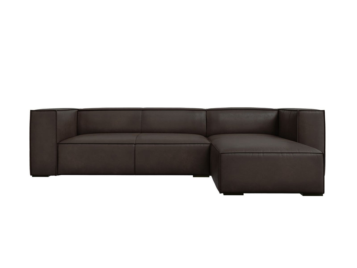 Braunes Ecksofa Turin mit Echtleder-Bezug, Massivholzrahmen und Beinen aus Buchenholz, rechte Ausführung mit fünf Sitzplätzen.