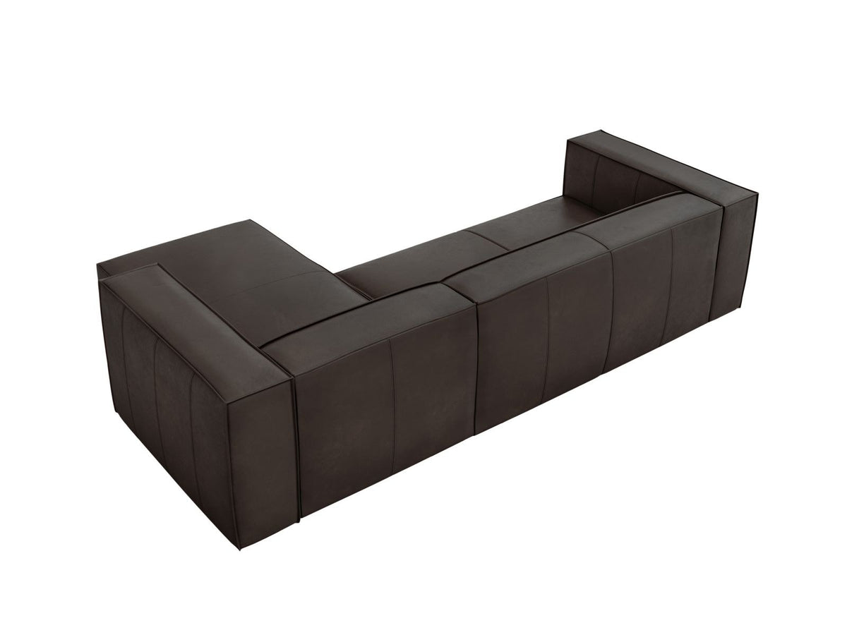 Braunes Ecksofa Turin mit Echtleder-Bezug, Massivholzrahmen und Beinen aus Buchenholz, rechte Ausführung mit fünf Sitzplätzen.