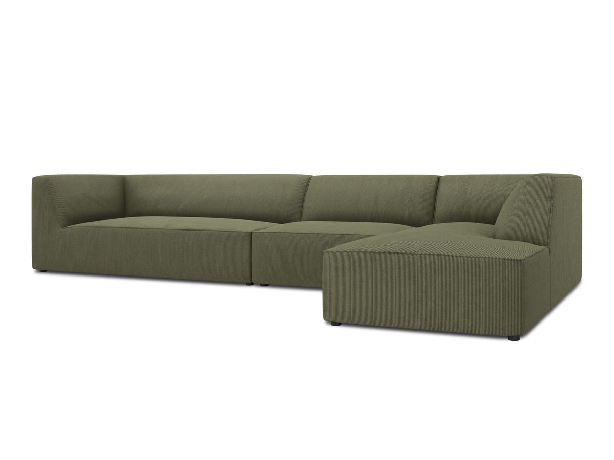 Modulares Ecksofa Siena in Light Beige-Scala mit Cordstoff-Bezug, schwarzen Kunststoffbeinen und Récamiere, 5-Sitzer Ausführung von Cosmopolitan Design.