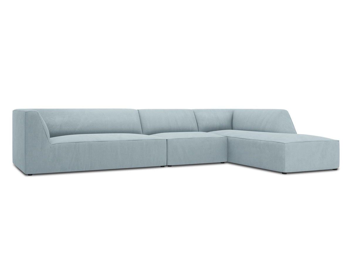 Modulares Ecksofa Siena in Light Beige-Scala mit Cordstoff-Bezug, schwarzen Kunststoffbeinen und Récamiere, 5-Sitzer Ausführung von Cosmopolitan Design.