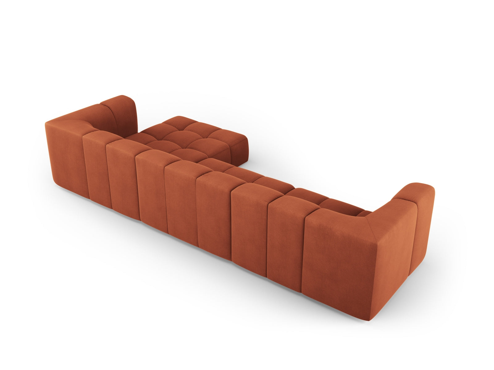Elegantes 5-Sitzer Ecksofa Moritz in leuchtendem Orange, perfekt für gemütliche Abende und stilvolle Einrichtung. Hochwertige Qualität von Cosmopolitan Design.