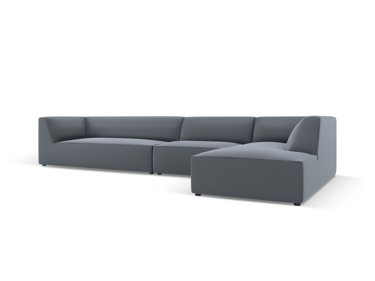 Modulares Ecksofa Siena mit Kunstlederbezug in Light Beige, rechte Ausrichtung, 5-Sitzer Form mit Récamiere und Kunststoffbeinen.