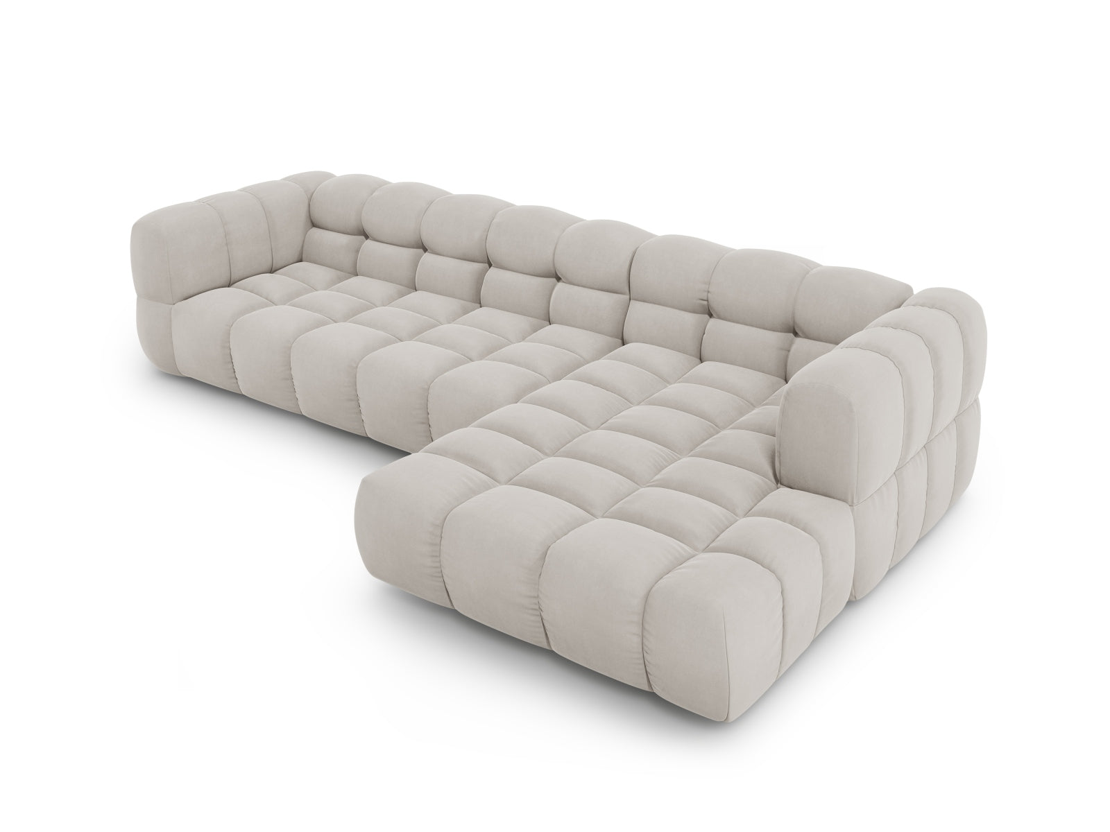 Modulares Ecksofa Sky Velour in hellem Beige, 4-Sitzer, rechte Ausführung, perfekt für moderne Wohnkonzepte von Cosmopolitan Design.