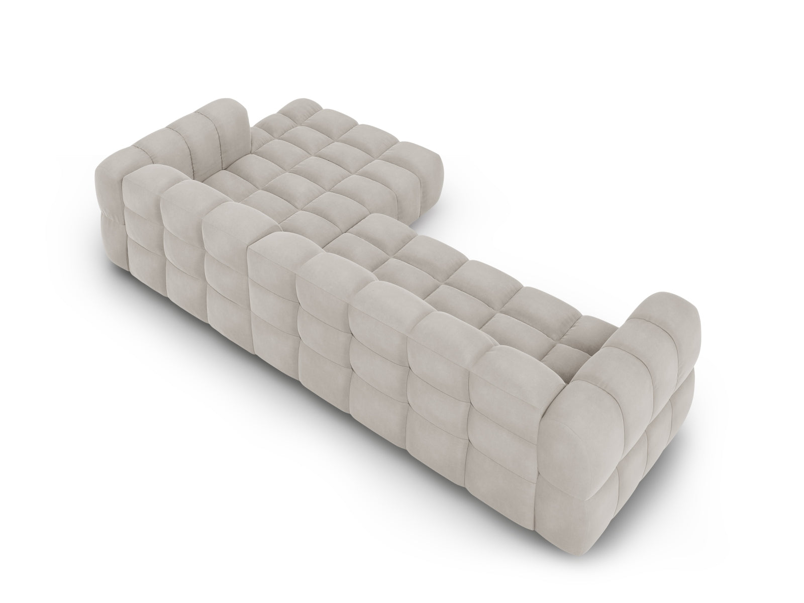 Elegantes, modulares Ecksofa Sky Velour in sanftem Beige, 4-Sitzer, rechte Variante, ideal für stilvolle Wohnräume von Cosmopolitan Design.