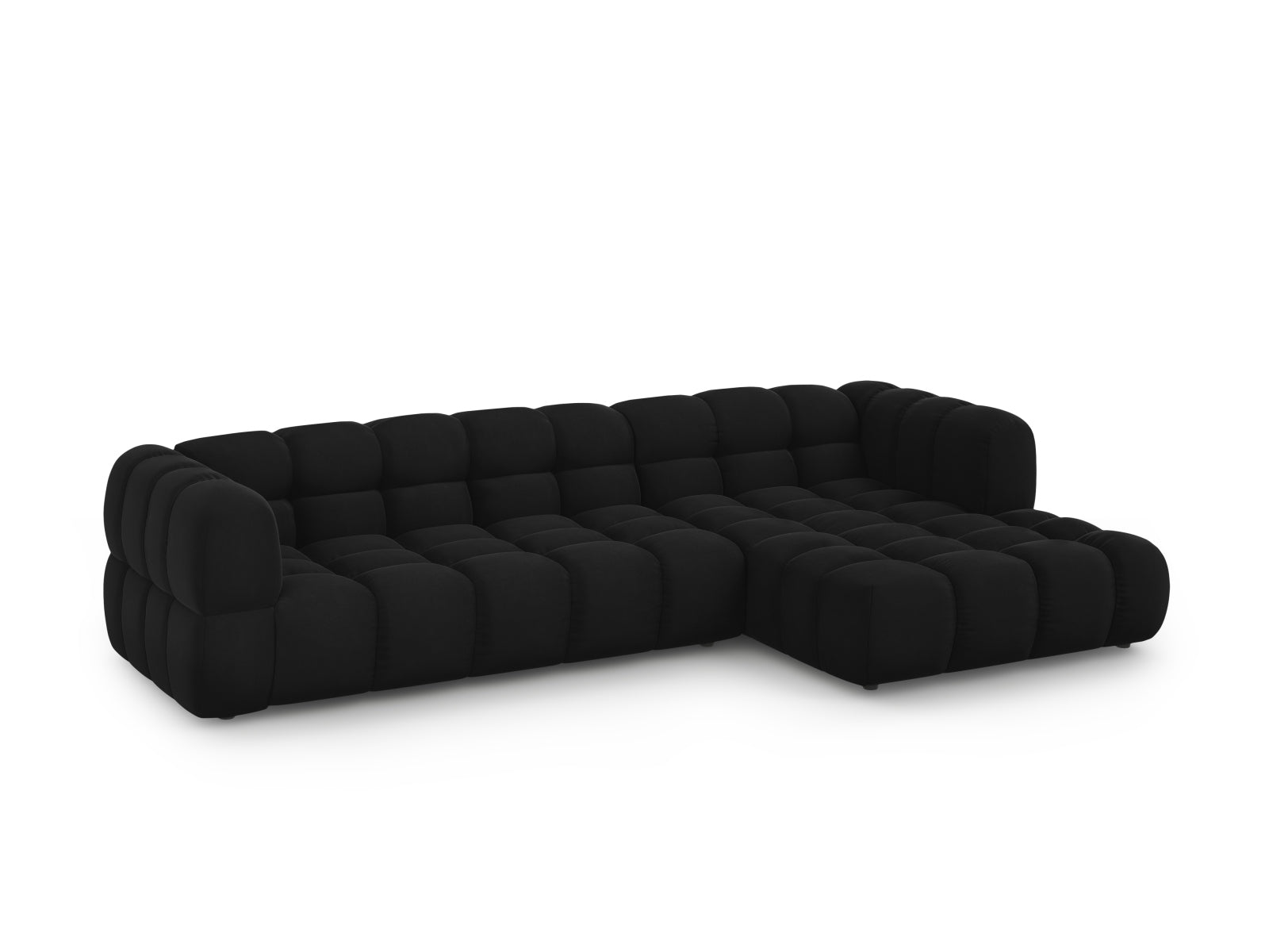 Elegantes Sky Velour Ecksofa in Schwarz, 4-Sitzer, modulare Bauweise, ideal für stilvolle Wohnräume, präsentiert von Cosmopolitan Design.