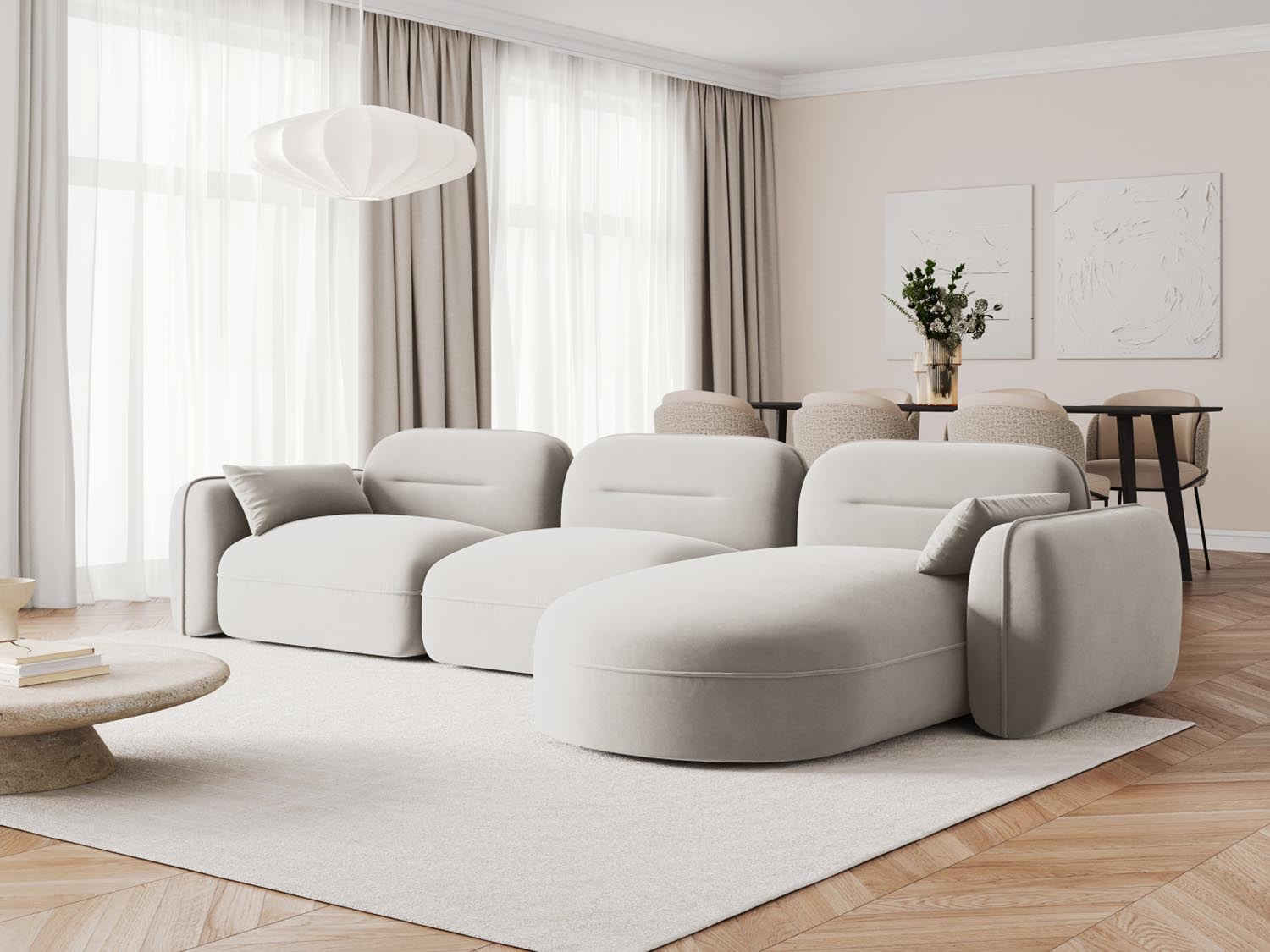 Elegantes Sydney Velour Ecksofa in Light Beige, ideal für stilvolle Wohnräume. Modular und bequem, perfekt für entspannte Abende.