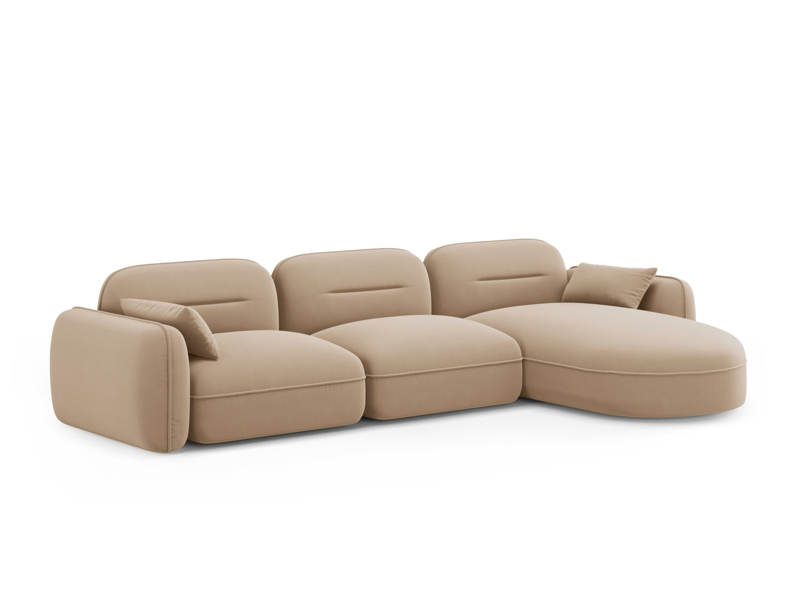 Modulares Ecksofa Sydney in edlem Velours, rechte Ausführung, bietet modernen Komfort und stilvolle Akzente für jedes Wohnzimmer.