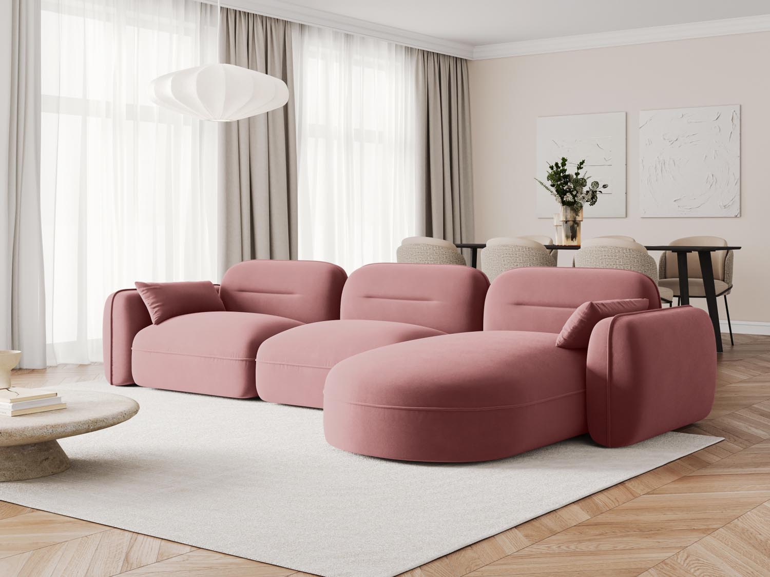 Elegantes Sydney Velour Ecksofa in Flamingo-Casino, ideal für stilvolle Wohnräume. Modular und komfortabel, perfekt für entspannte Abende.