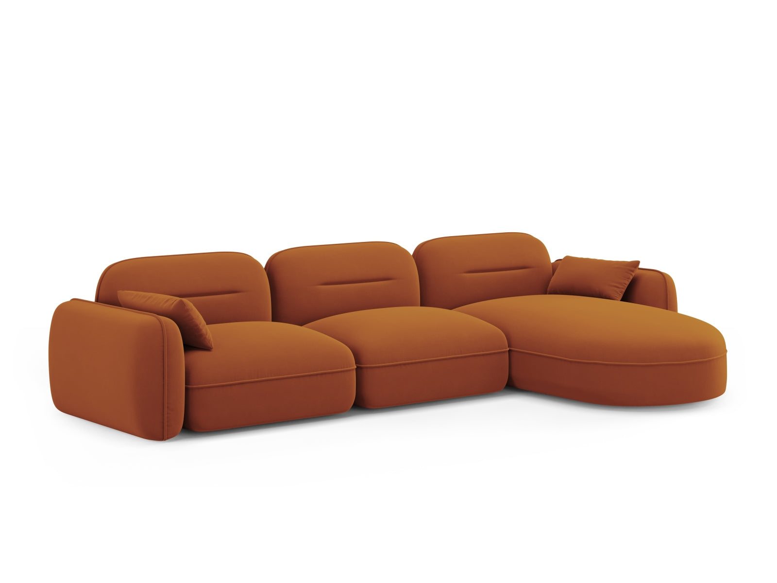 Modulares Ecksofa Sydney in luxuriösem Velours, warmes Terracotta, bietet Komfort und Stil für moderne Wohnräume.
